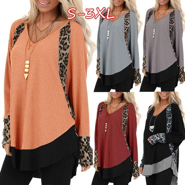casual patchwork color female tees leopard womens tshirts 2020 elegant loose long sleeve v neck ladies, White